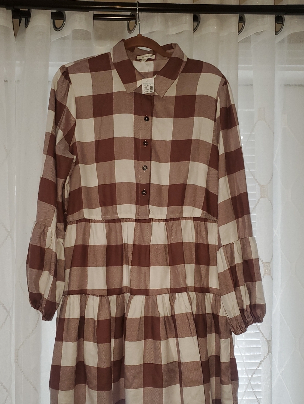 LAST CHANCE Maurices Brown & Cream Gingham Tiered Button-Front Long Sleeve Dress